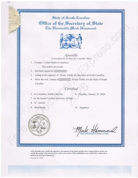 South Carolina apostille Apostille from South Carolina